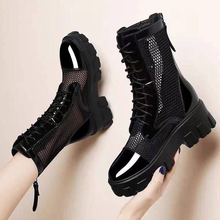 Hongqingfang Qingcang True soft leather mesh Martin boots 2024 spring and summer thin air breathable hollow thick bottom increase boots