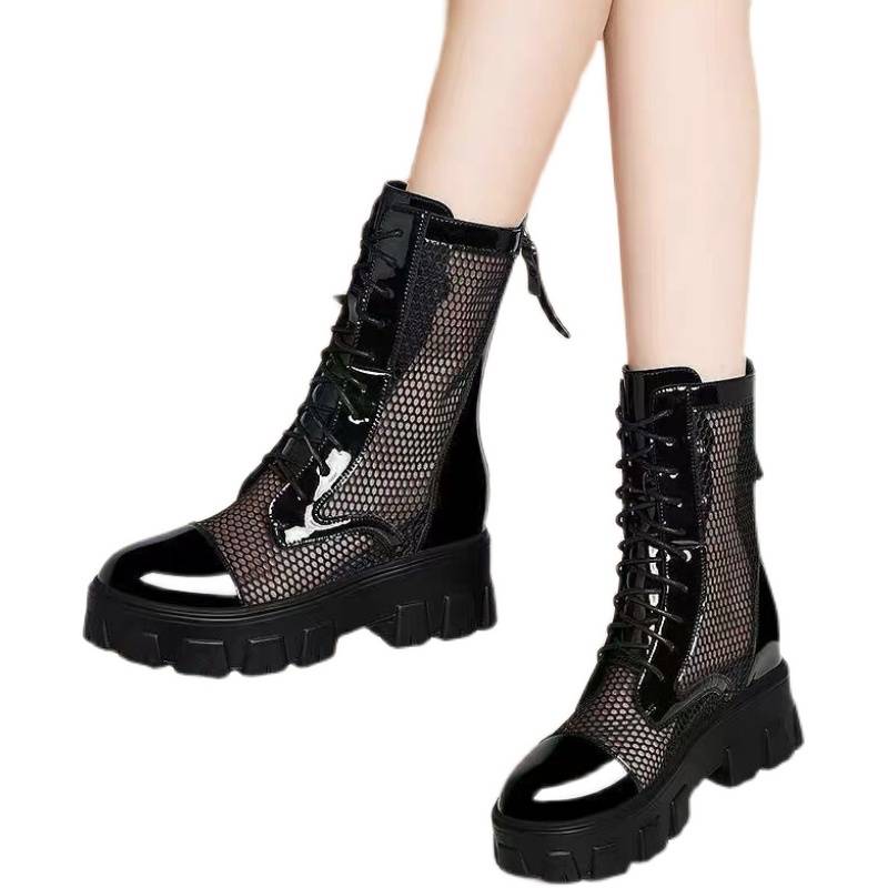 Hongqingfang Qingcang True soft leather mesh Martin boots 2024 spring and summer thin air breathable hollow thick bottom increase boots