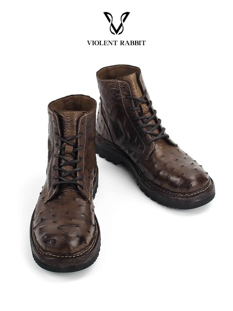 VR Rabbit Handmade Shoes ostrich leather water Wash retro high -top boots as old round head Martin boots martial arts boots men's leather boots