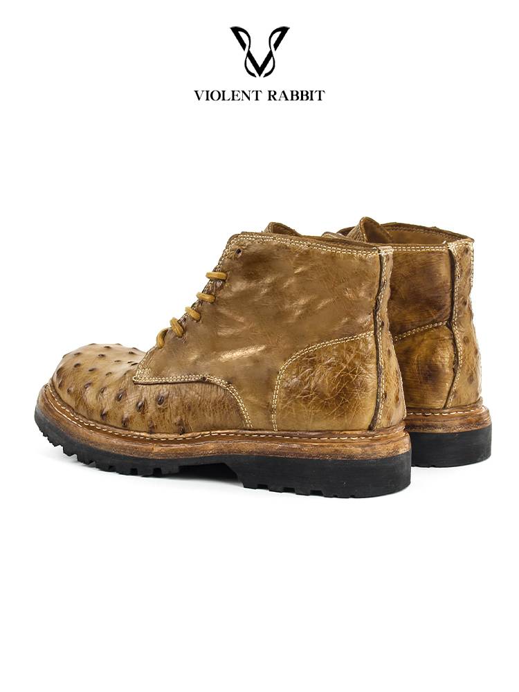 VR Rabbit Handmade Shoes ostrich leather water Wash retro high -top boots as old round head Martin boots martial arts boots men's leather boots