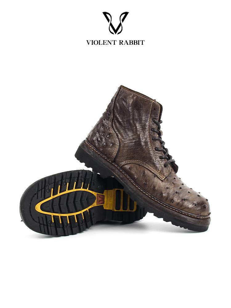 VR Rabbit Handmade Shoes ostrich leather water Wash retro high -top boots as old round head Martin boots martial arts boots men's leather boots
