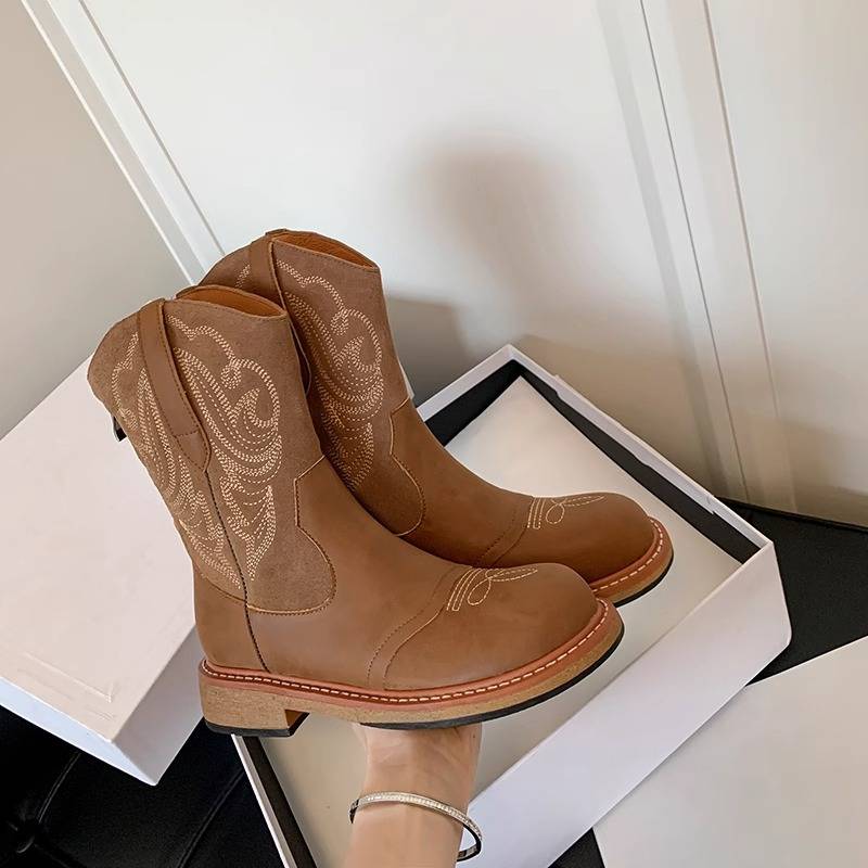 Leather summer retro western denim boots embroidered British style thick heel thin knight boots short boots female Martin boots