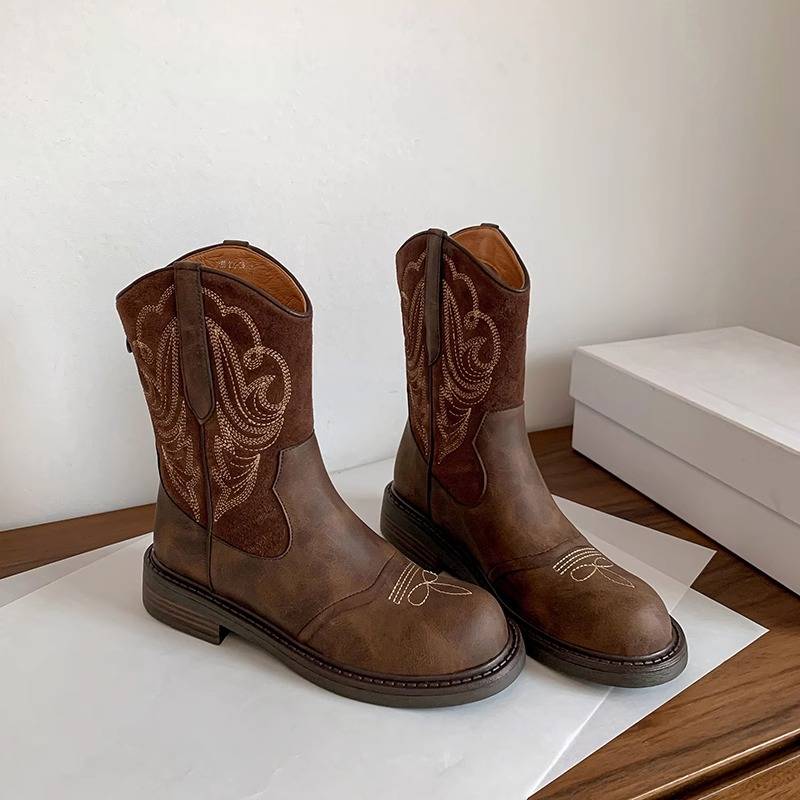 Leather summer retro western denim boots embroidered British style thick heel thin knight boots short boots female Martin boots