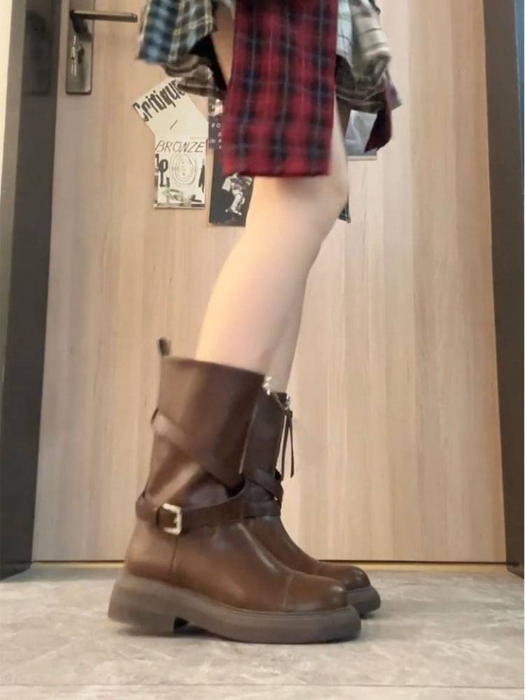 Brown thick Martin boots female 2024 summer new British style thin belt buckle short boots thick heel western boots