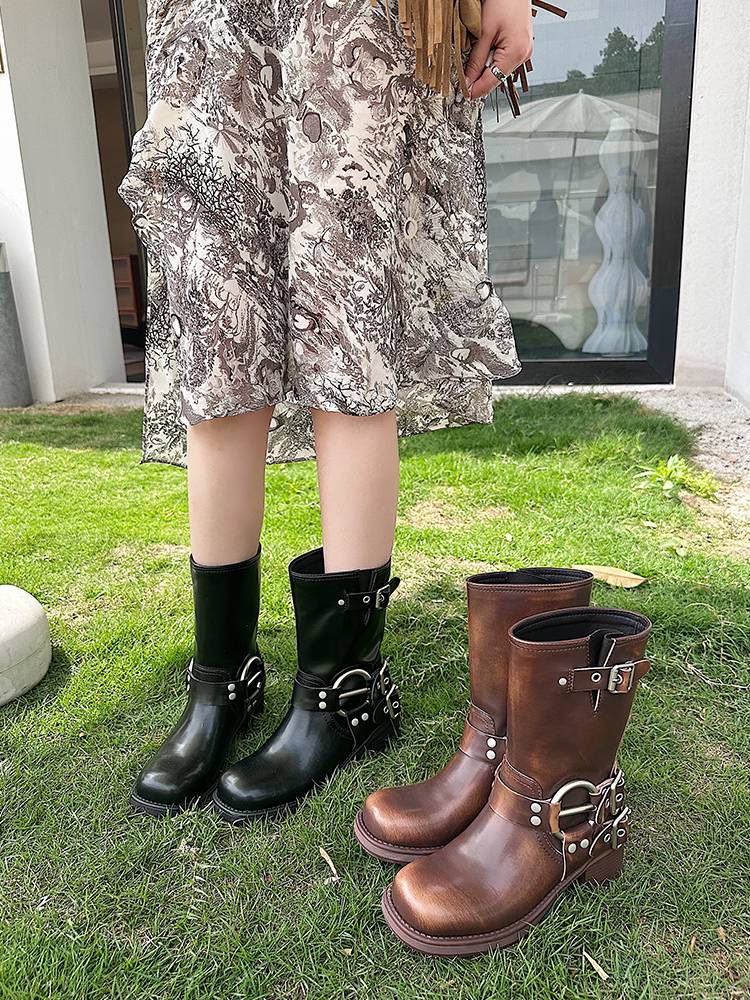Fu Ernan 2024 New Shatin Boots Leather Fang Fang Tuotou Retro thick -heeled boots Metal buckle Yinglun Wind locomotive boots