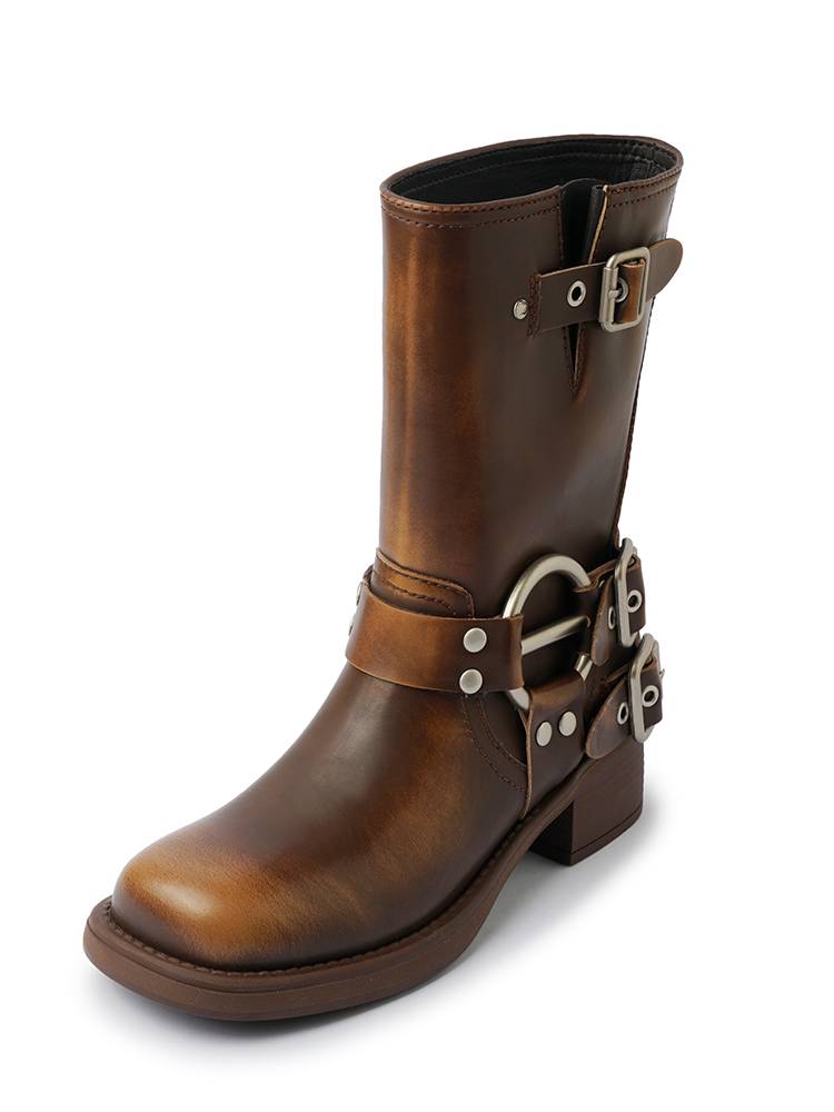 Fu Ernan 2024 New Shatin Boots Leather Fang Fang Tuotou Retro thick -heeled boots Metal buckle Yinglun Wind locomotive boots
