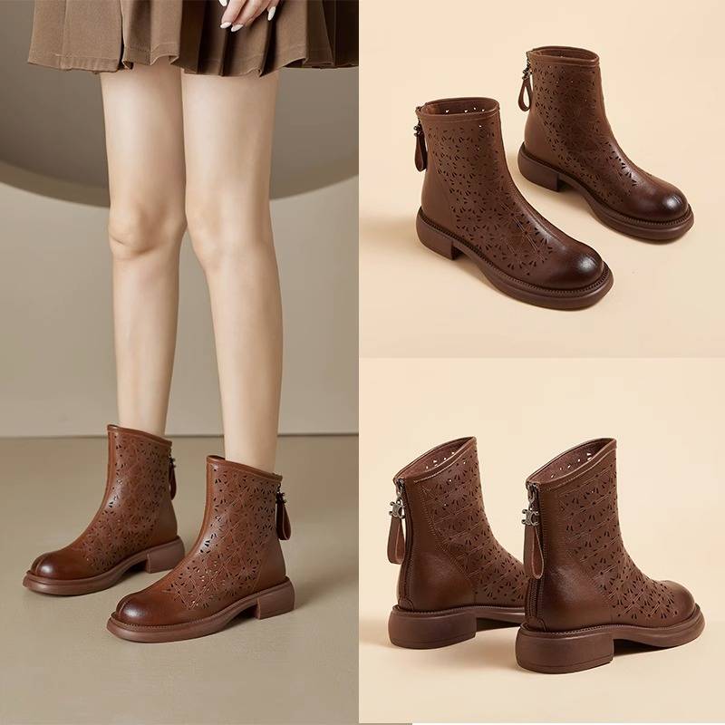 Net red thin Martin boots female leather hollow carved thick bottom boot 2024 new summer round head boots tide