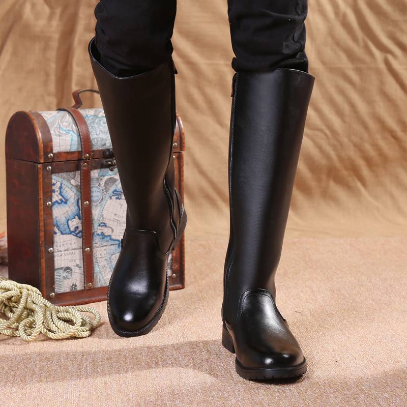 Winter horse boots men's leather boots tall Martin boots show thin long leather and velvet cotton boots flag raising performance security boots