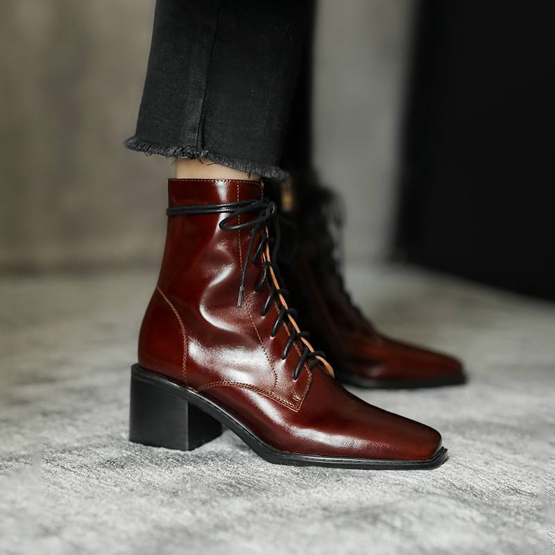 European and American leather annn lace Martin boots female British style short cylinder spring and autumn single boots retro thick heel boots