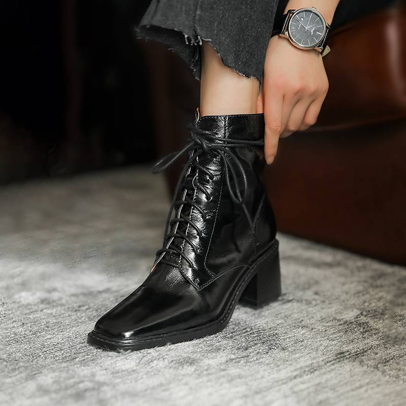 European and American leather annn lace Martin boots female British style short cylinder spring and autumn single boots retro thick heel boots