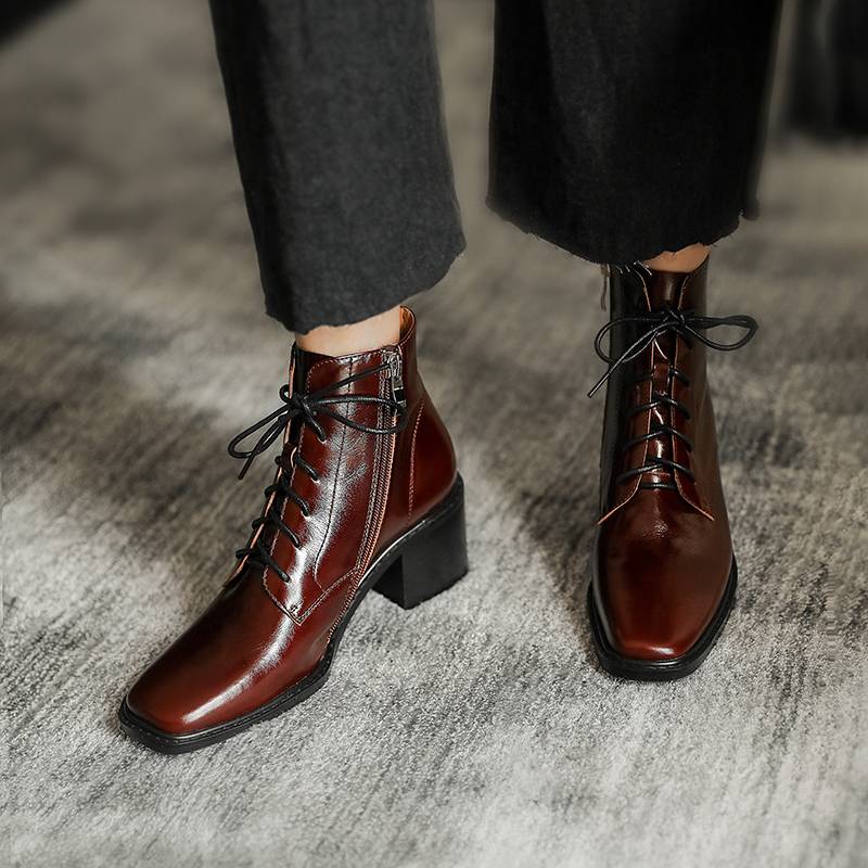 European and American leather annn lace Martin boots female British style short cylinder spring and autumn single boots retro thick heel boots