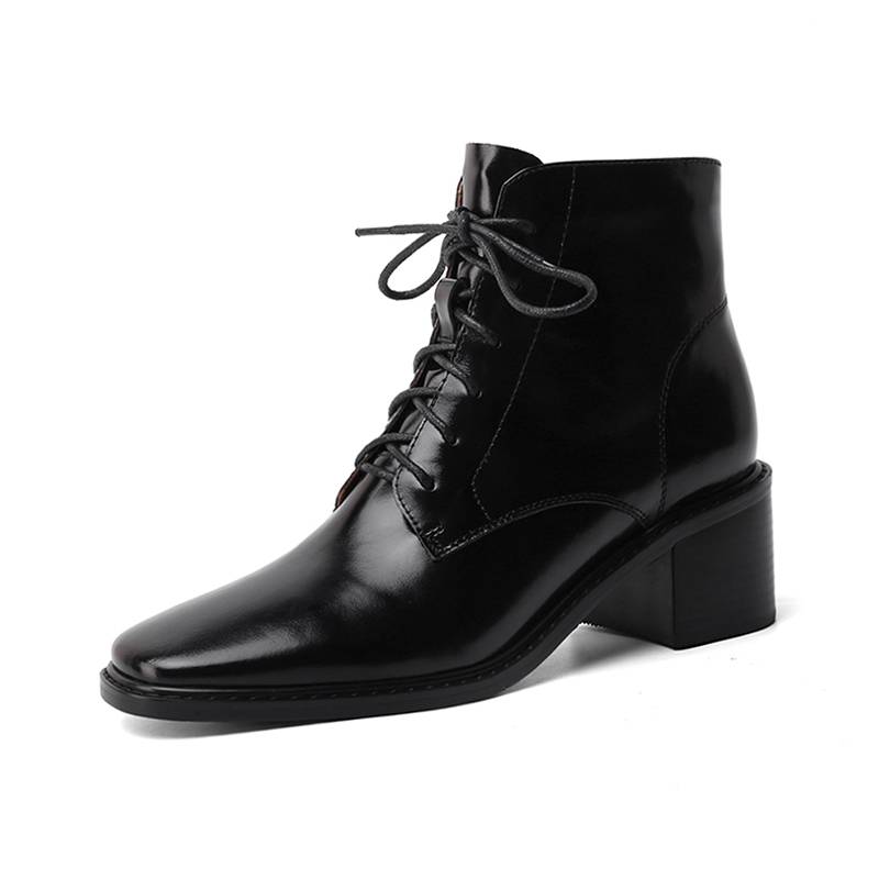 European and American leather annn lace Martin boots female British style short cylinder spring and autumn single boots retro thick heel boots