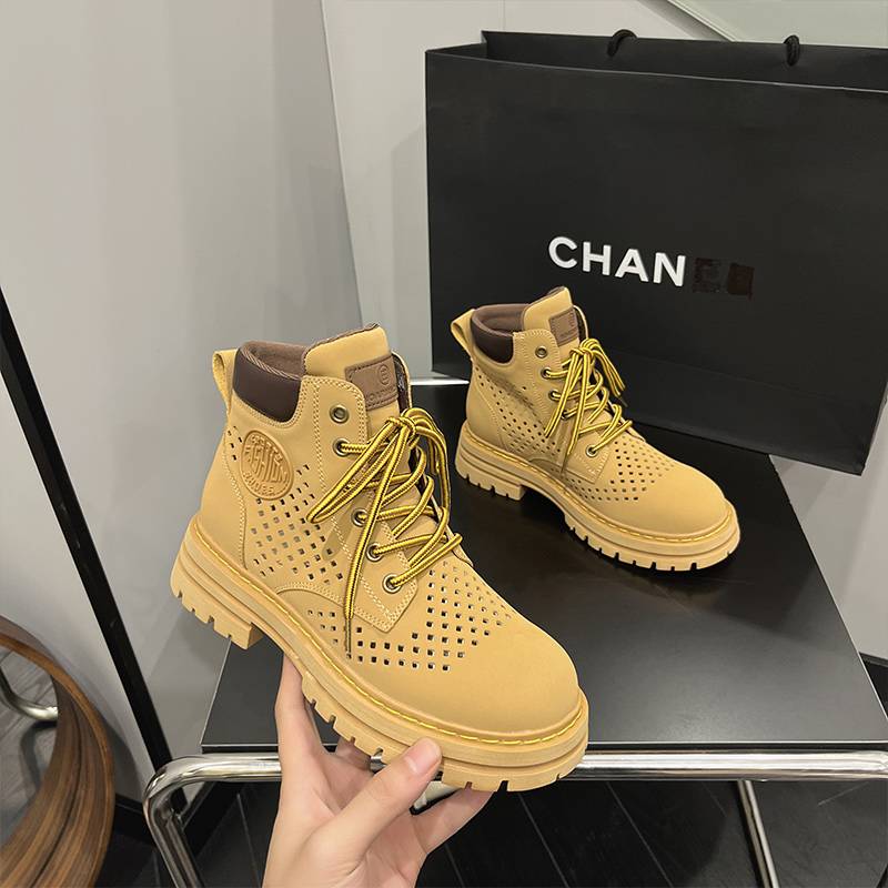 Rhubarb boots female 2024 summer hollow breathable thin barting boot leather increasing Martin boots women's leisure net boots