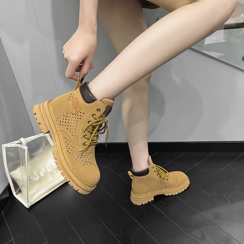 Rhubarb boots female 2024 summer hollow breathable thin barting boot leather increasing Martin boots women's leisure net boots