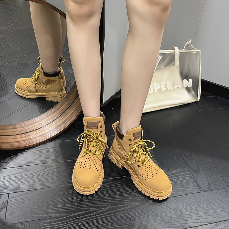 Rhubarb boots female 2024 summer hollow breathable thin barting boot leather increasing Martin boots women's leisure net boots
