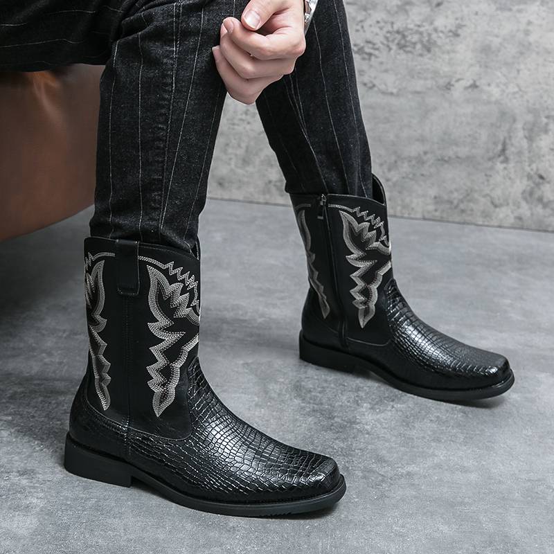 Templim Western denim leather boots retro Martin boots men's high -pipe Mongolian boots 2024 new riding boots