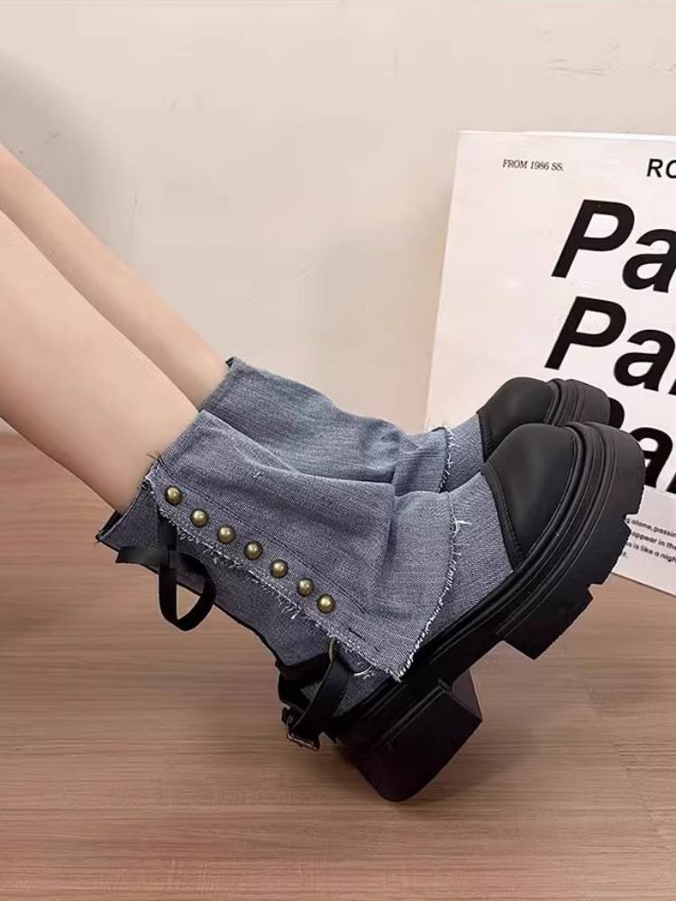 British NEXTROAD Martin Boots Women's Autumn and Winter Mid -Instant British British thick bottom increases sweet cool pants pipe boots, denim boots