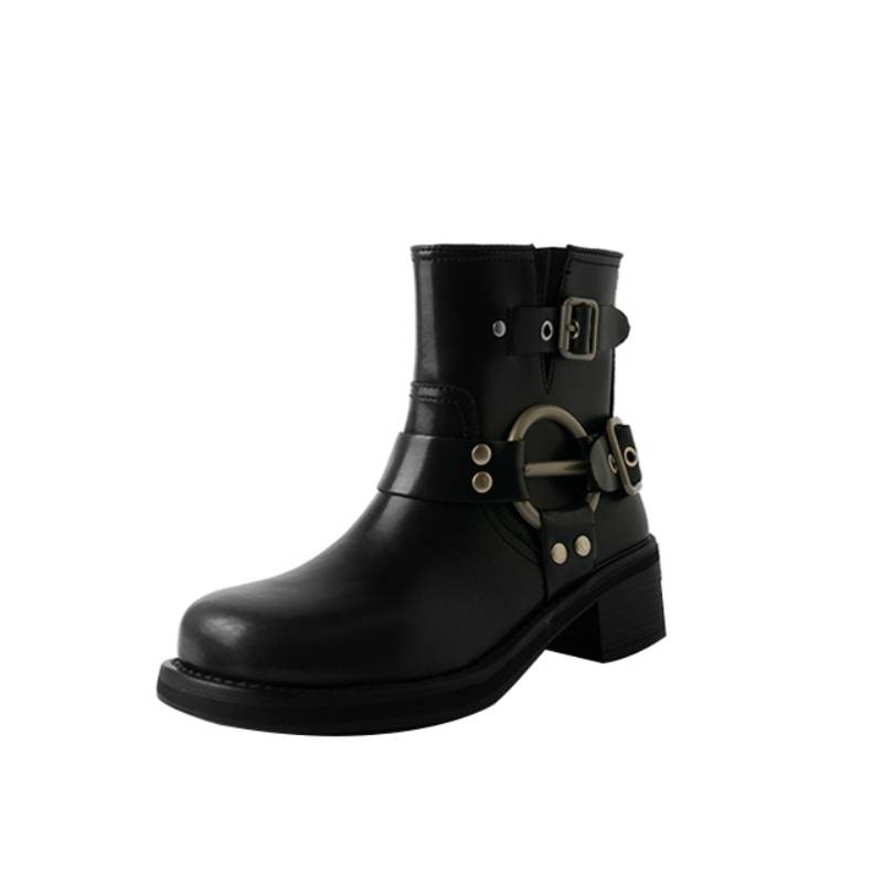 MIU*short boots female autumn and winter plus western denim boots retro leather short boots belt buckle locomotive Martin boots female