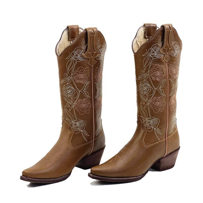 Special offer micro -flaws Fashion Single boots Western denim boots, pointed female boots, cowhide Knights, hoe boots embroidery sleeve coarse heel