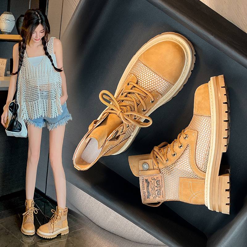 Summer Martin Boots 2024 new breathable thin -sole hollow boots mesh surface big yellow boots net yarn yarn boots summer