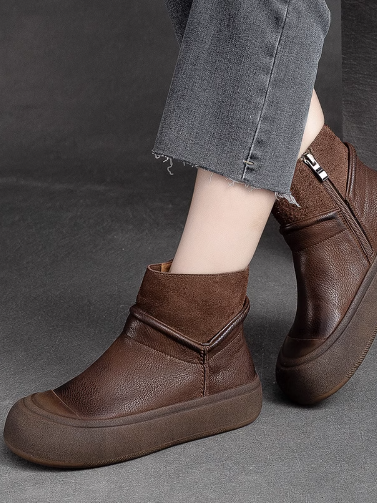 Retro leather Martin boots female 2023 autumn and winter new pure color round head thick bottom single boots loose cake bottom casual boots