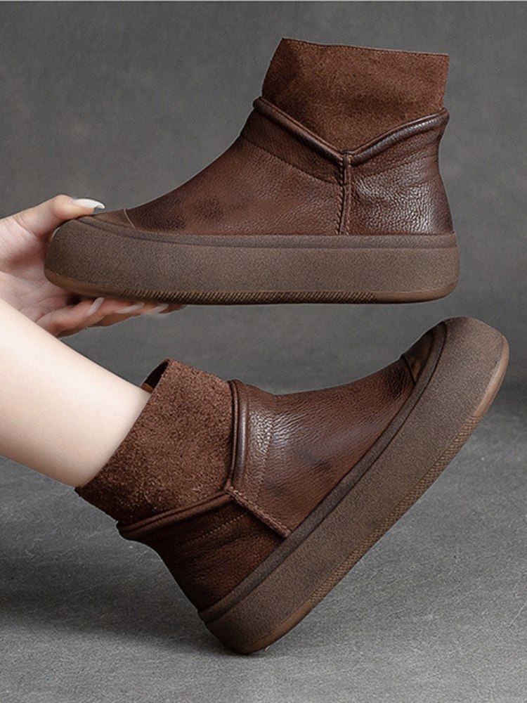 Retro leather Martin boots female 2023 autumn and winter new pure color round head thick bottom single boots loose cake bottom casual boots