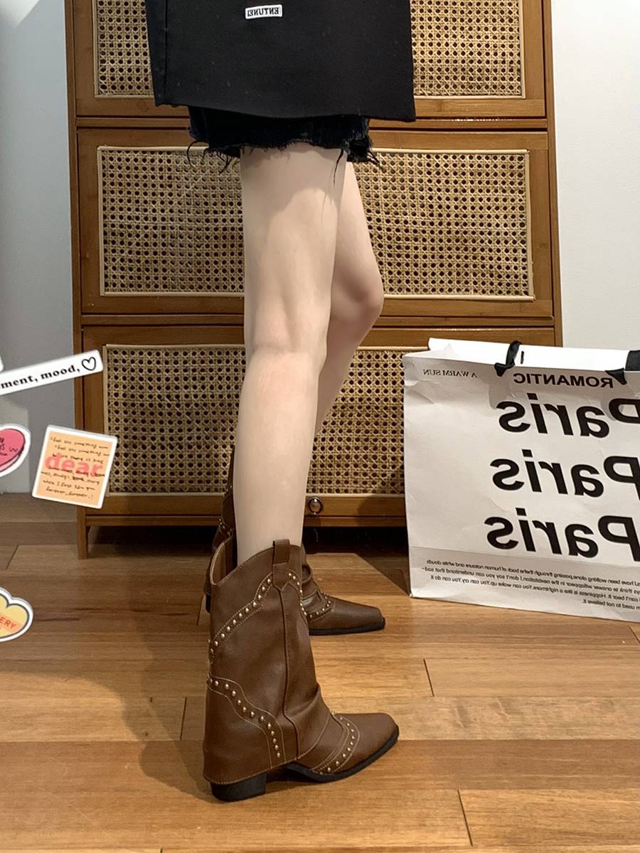 Brown increases thick and western denim Martin boots women's summer 2024 new pointed explosion with skirt and boots