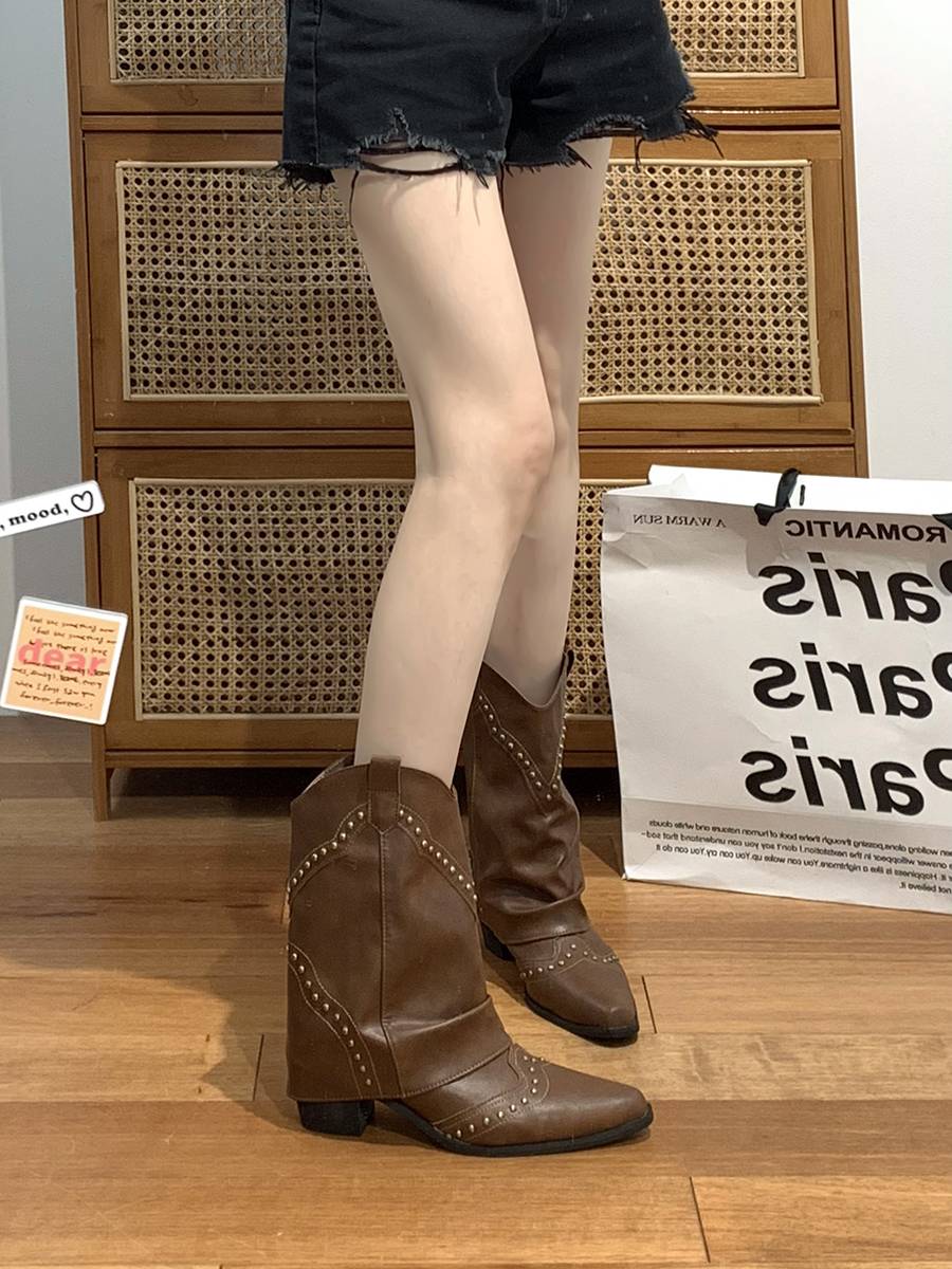 Brown increases thick and western denim Martin boots women's summer 2024 new pointed explosion with skirt and boots