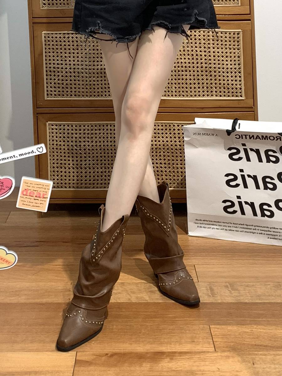 Brown increases thick and western denim Martin boots women's summer 2024 new pointed explosion with skirt and boots