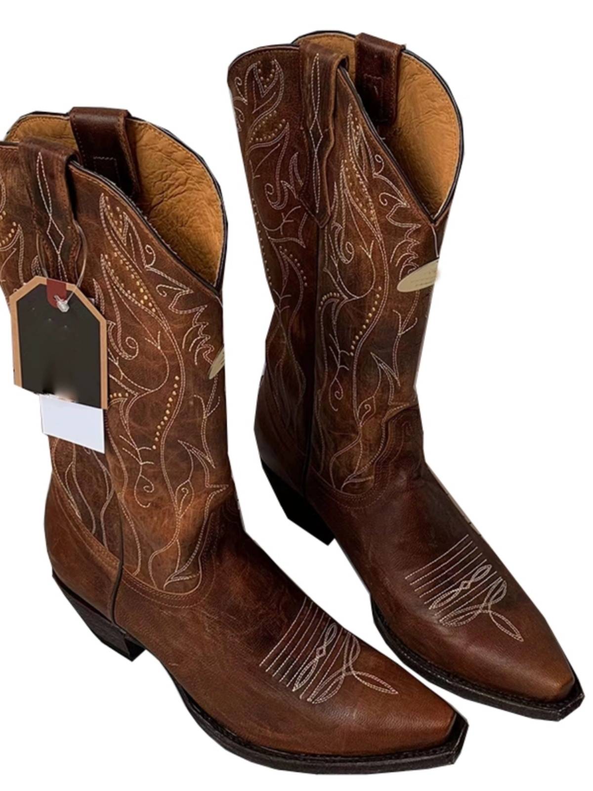 2024 European and American new leather embroidery but knee western denim boots high heel retro versatile knight fashion boots female