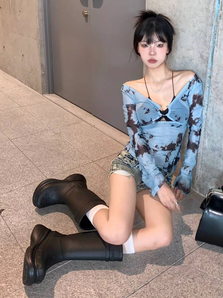 Paris cave rain boots high tube boots anti -skid waterproof long boots female summer boots outdoor outdoor climbing thick bottom rain boots