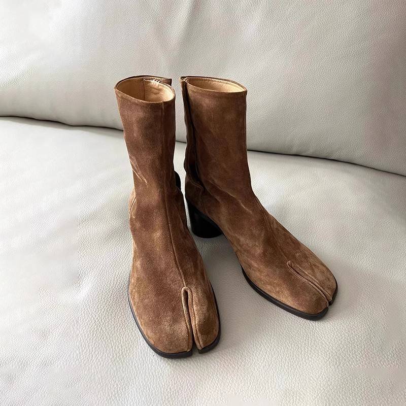 Cowhide version ~ Retro pig toes split female boots leather horseshoe short tube British wind Chelsea boots women's thick heel boots