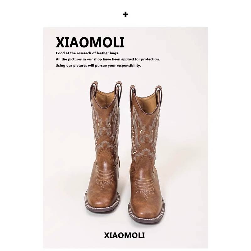 He Sui Same Western denim boots female boots retro knight boots in summer thin ethnic national style boots Martin boots