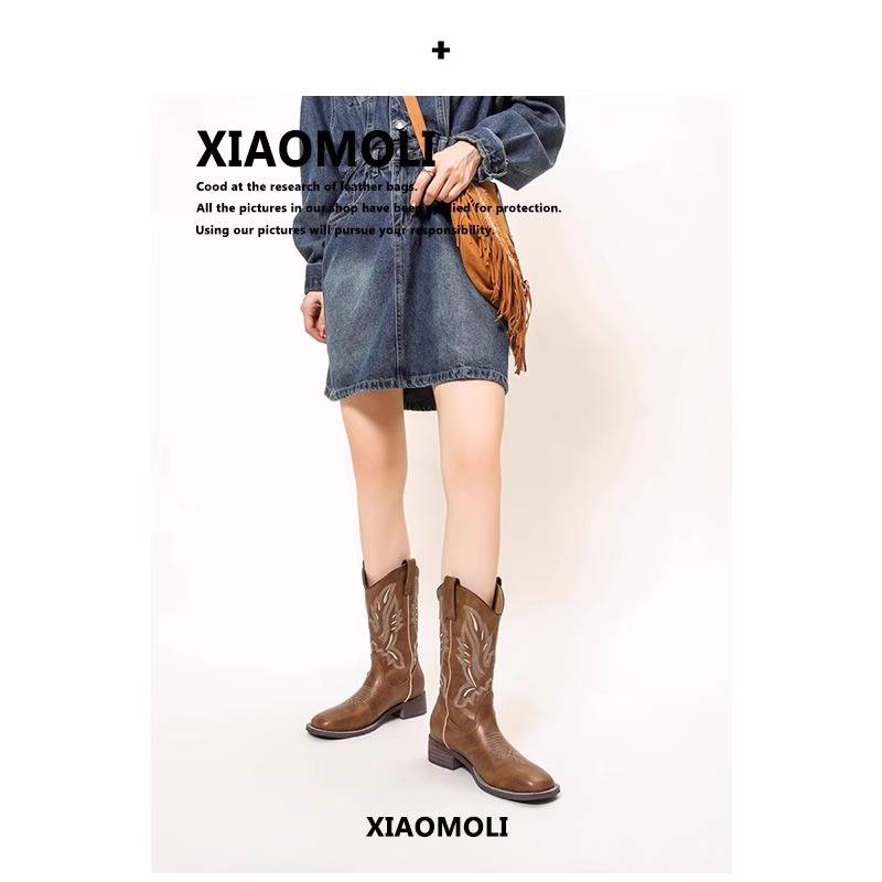 He Sui Same Western denim boots female boots retro knight boots in summer thin ethnic national style boots Martin boots