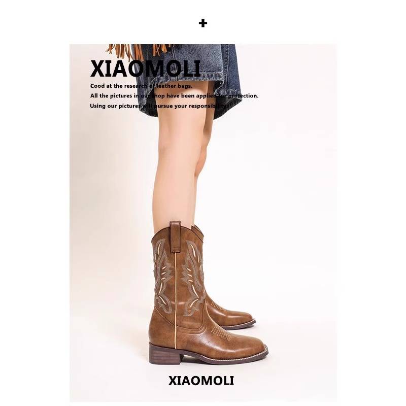 He Sui Same Western denim boots female boots retro knight boots in summer thin ethnic national style boots Martin boots
