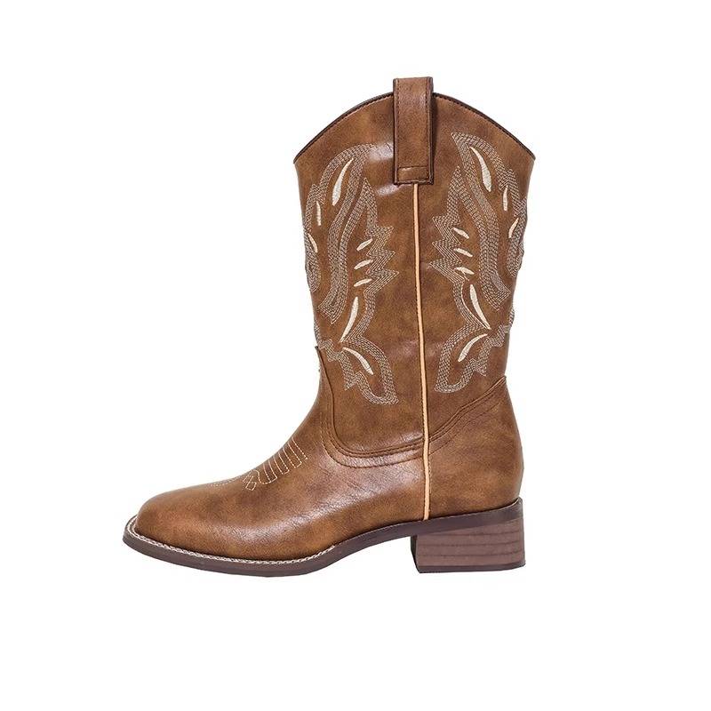 He Sui Same Western denim boots female boots retro knight boots in summer thin ethnic national style boots Martin boots