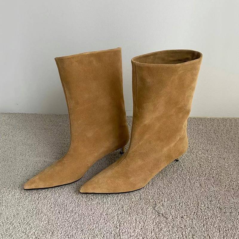 2023 new retro pointed tip boots female leather frosted wide boots versatile Western denim boots and boots female