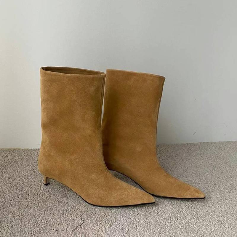 2023 new retro pointed tip boots female leather frosted wide boots versatile Western denim boots and boots female
