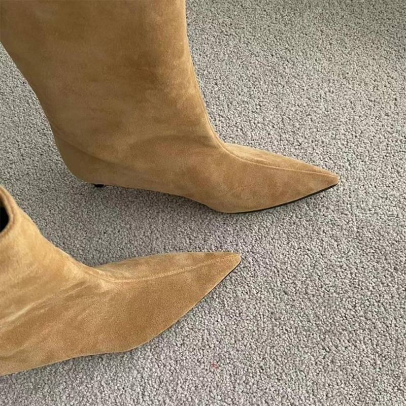 2023 new retro pointed tip boots female leather frosted wide boots versatile Western denim boots and boots female