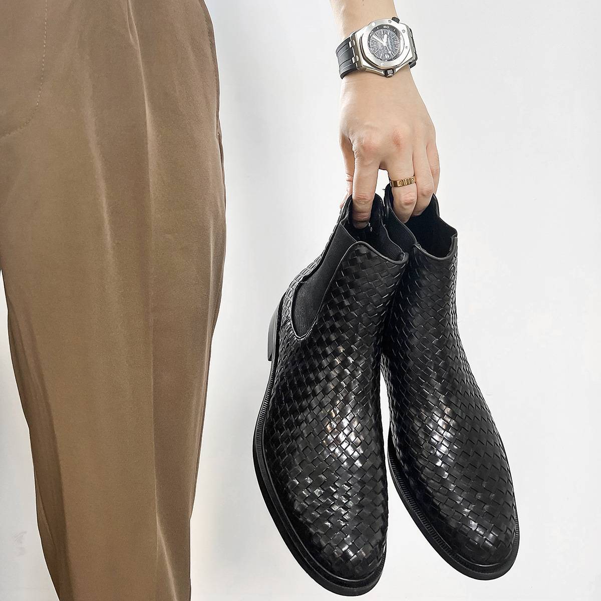 Chelsea boots male leather handmade woven leather boots Korean short boots high -top Martin boots smoke single boots, one footsteps, one footprint