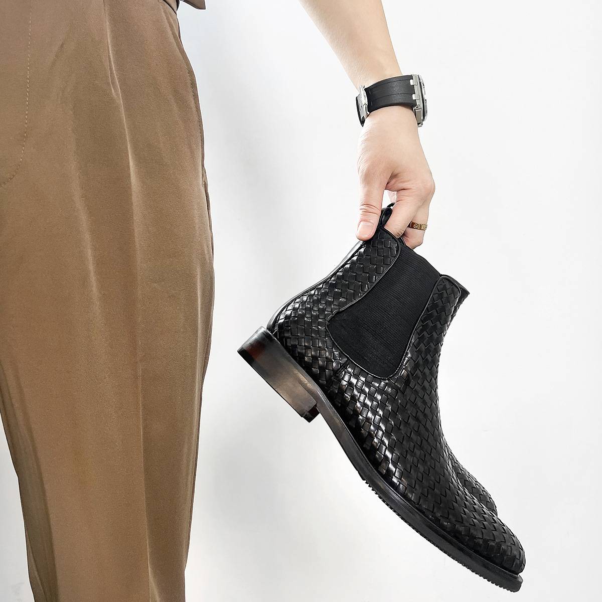 Chelsea boots male leather handmade woven leather boots Korean short boots high -top Martin boots smoke single boots, one footsteps, one footprint