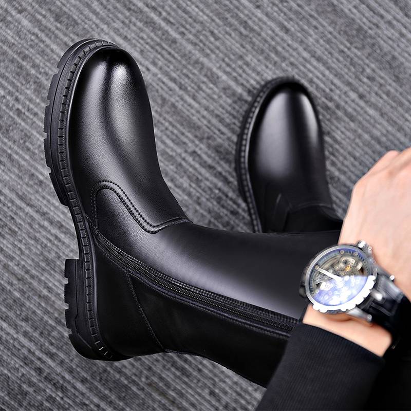 Winter high -tech boots super long men's side zipper boots and horse boots men's high -top and velvet Martin boots black work boots