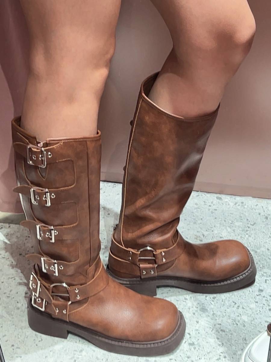 MIUMIU Same Western denim boots Xinjiang tourism leather rivet buckle autumn and winter high -cylinder knight boots children