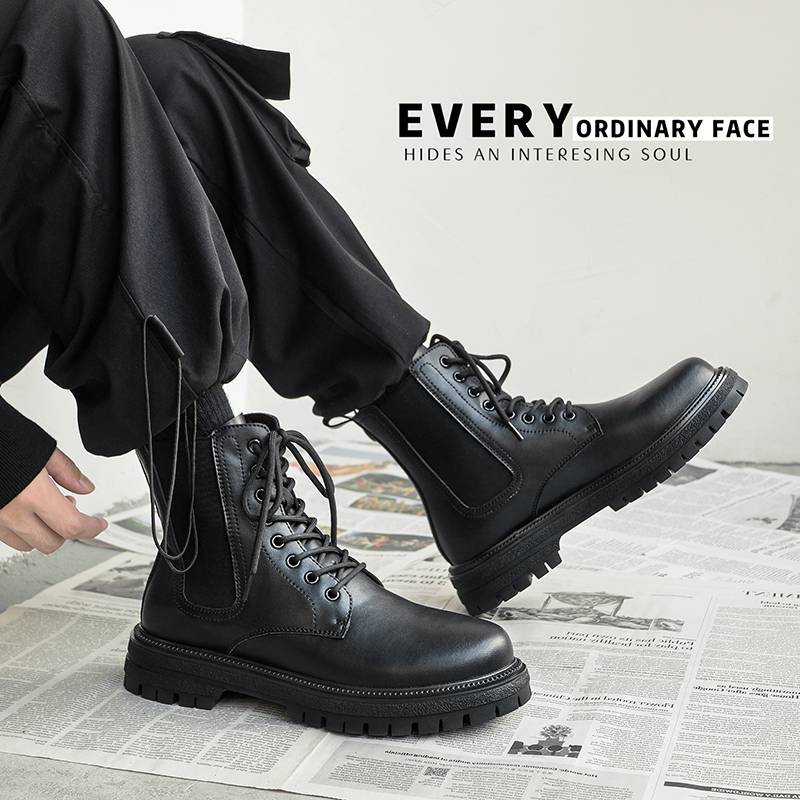 Chelsea boots men's British style INS tide high -top leather shoes black retro Martin boots help work boots in autumn