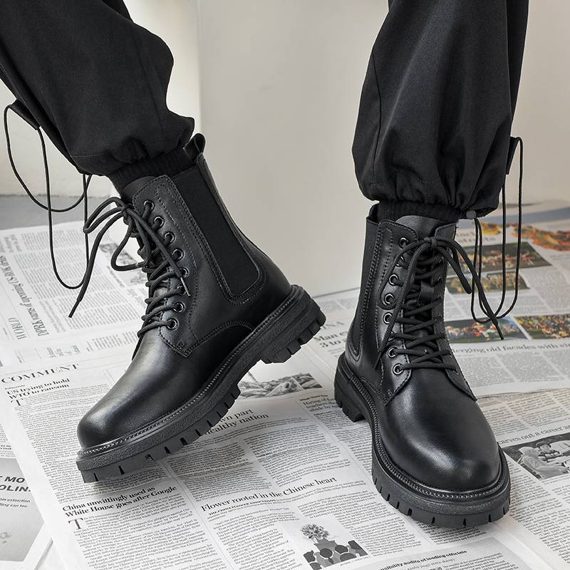 Chelsea boots men's British style INS tide high -top leather shoes black retro Martin boots help work boots in autumn