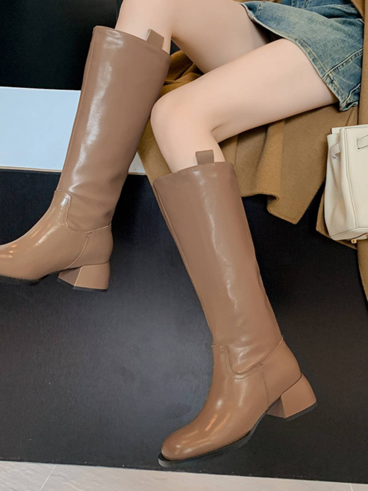 Leisure straight boots professional custom large bar round head high boots thick leg fat MM one pedal leather horse boots