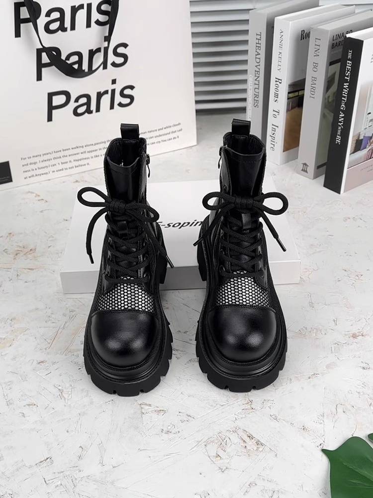 The leather thick bottom Martin boots women's summer thin 2024 new 8 cm hollow breathable cold boots increase the short boots
