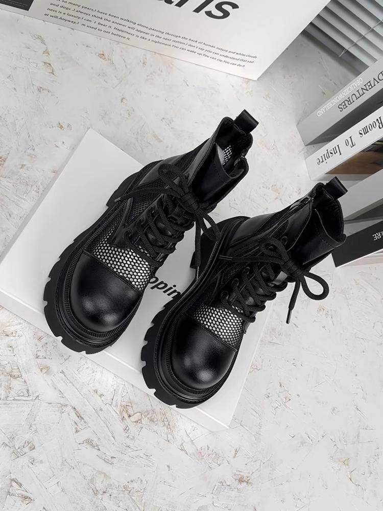 The leather thick bottom Martin boots women's summer thin 2024 new 8 cm hollow breathable cold boots increase the short boots
