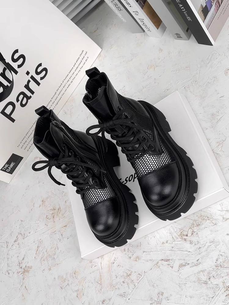 The leather thick bottom Martin boots women's summer thin 2024 new 8 cm hollow breathable cold boots increase the short boots