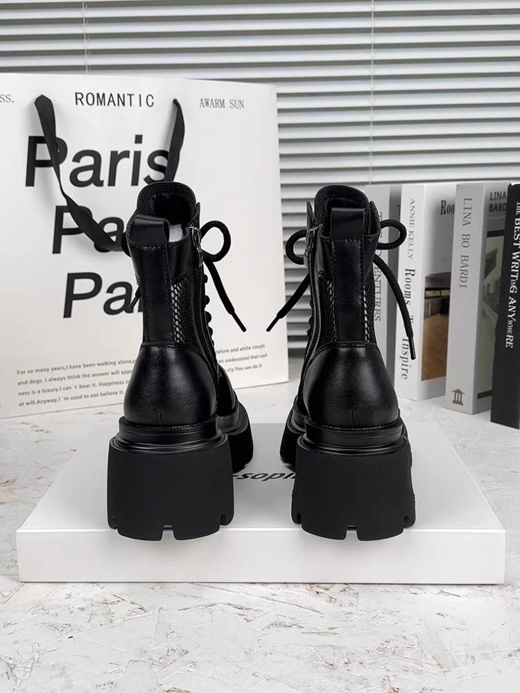 The leather thick bottom Martin boots women's summer thin 2024 new 8 cm hollow breathable cold boots increase the short boots